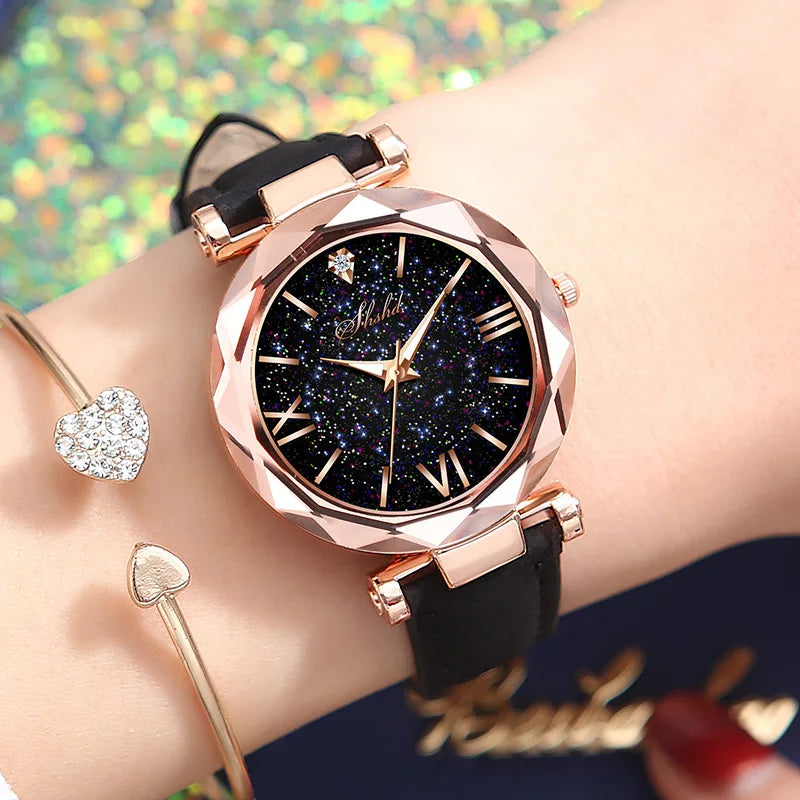Damen Uhr Strass Romantischer Sternenhimmel - Armbanduhr Mode Damen Leder Uhr - Uhr für Frauen