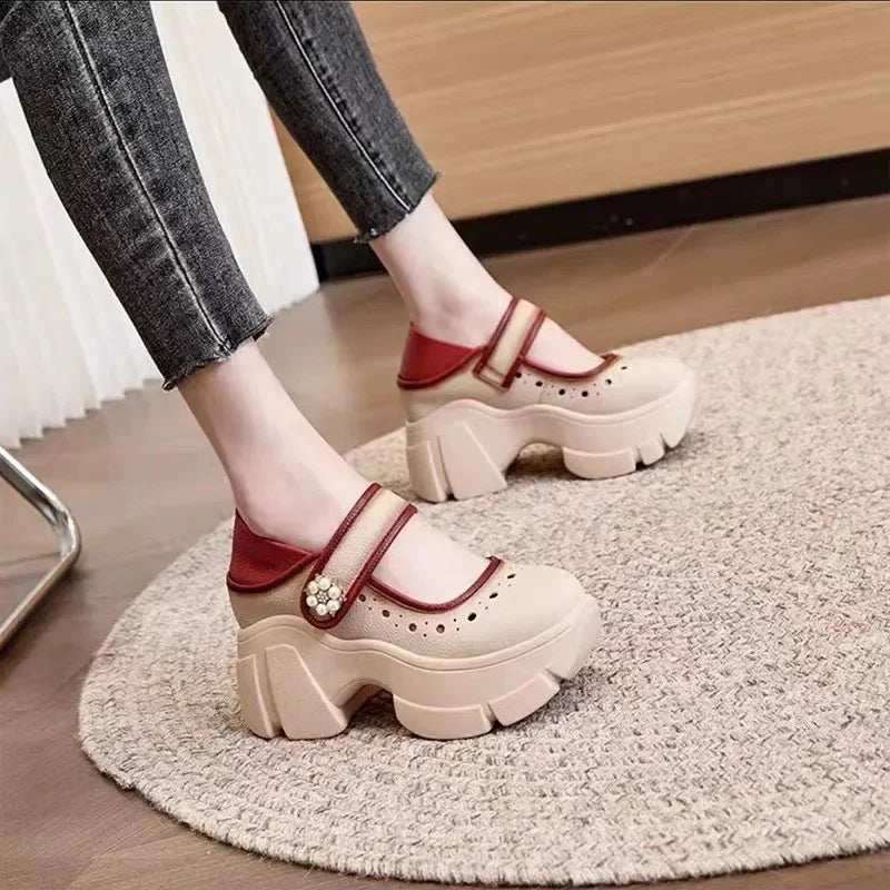 Women's Heels Shoes Summer Sneakers Platform Woman-shoes 2024 Thick Sole Roses Casual Leisure Round Toe Zip PU Retro Rubber