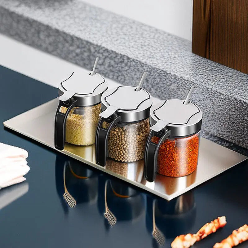 Spices Glass Seasoning Jar with Spoon Sugar Bowl Salt Shaker Pepper Seasoning Container Kitchen Supplies Storage Set Spice Boxes