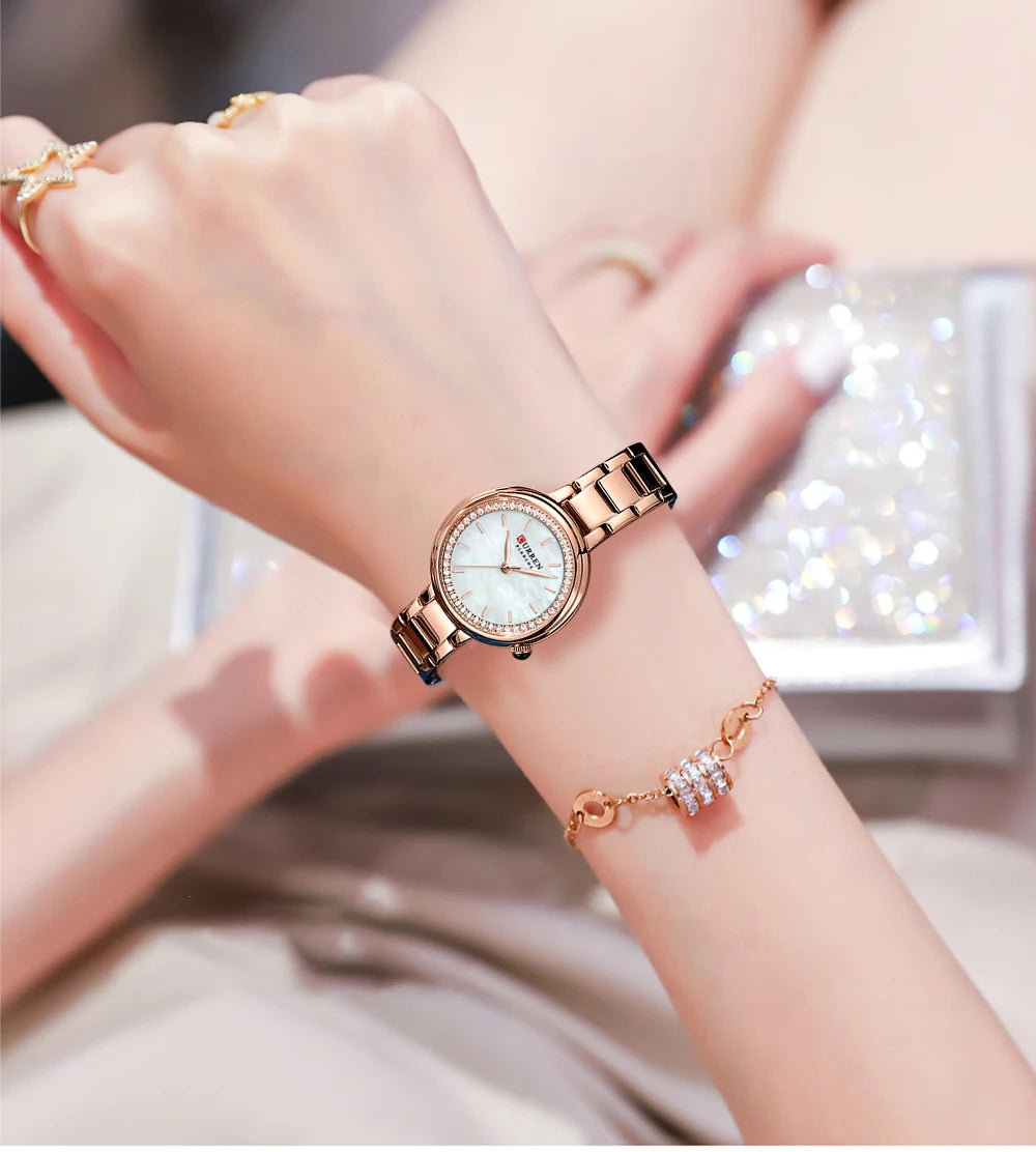 CURREN Luxus Uhr Damen Ring Halskette Ohrringe - Strass Mode Armbanduhr Weiblich Casual Damen Uhren Armband 5-teiliges Set