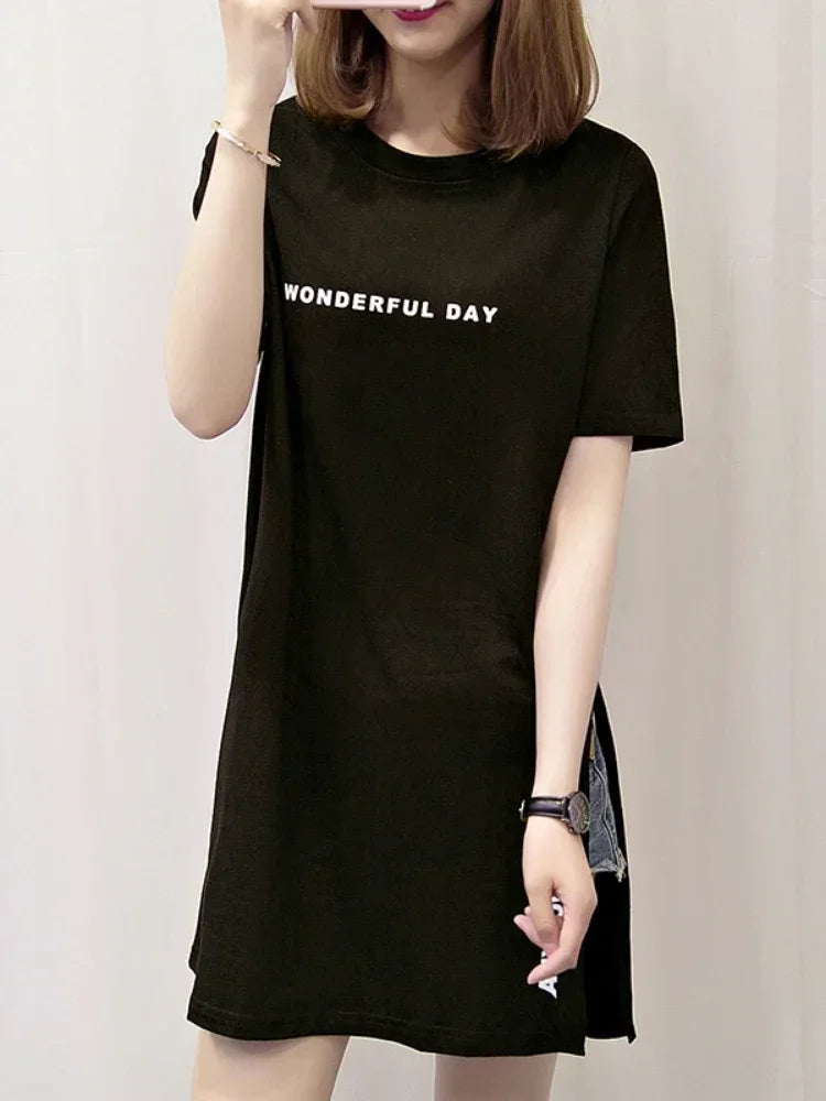 Women T-shirts Anime Y2k T Shirts Gothic tops 2023 Summer Loose Slit Femme Cotton T shirt Print Long Short Sleeve Ladies T-shirt