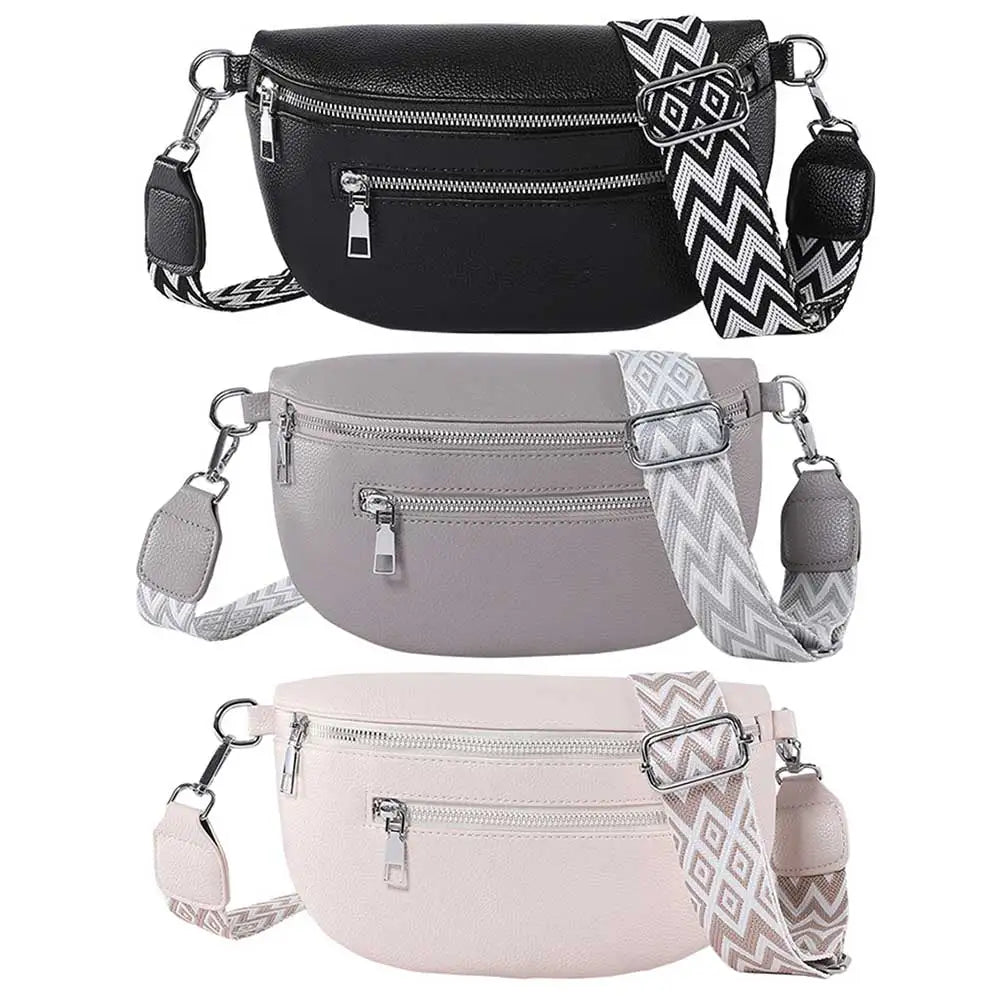 Women Stylish Crossbody Bag with Wide Strap Retro Fanny Pack PU Leather Simple Shoulder Bag Travel Outdoor Bag
