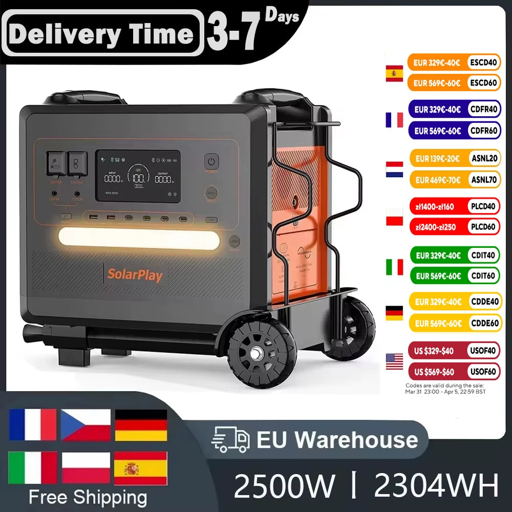 Powerstation 2025 - Q2402M Generator solar LiFePO4 2500W - Generator de curent de urgență cu undă sinusoidală pură, tip cărucior, cu 12 ieșiri