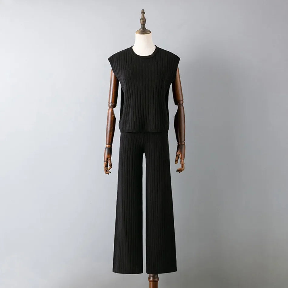 Elegant 2-Piece Sets for Women, Casual Knitting, Sleeveless, O Neck Tops, Loose Lace Up, Wide Leg Pant Set, Summer Fashion, New