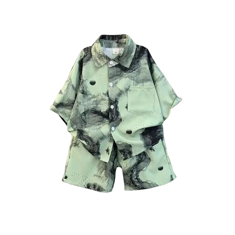 New 2024 Summer Kids Clothes Sets Baby Boys Short Sleeve Lapel Tie-dye Print Shirt Top with Shorts Children Casual Clothing