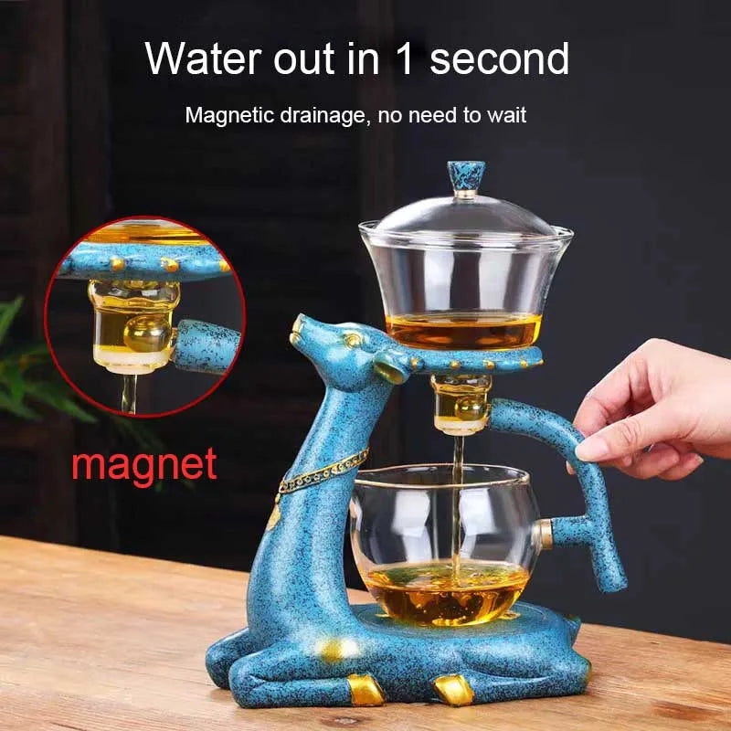BOZZH-Kungfu Glass Tea Set, Creative Deer Teapot, Magnetic Water Diversion, Tea Infuser, Turkish Drip Pot with Base