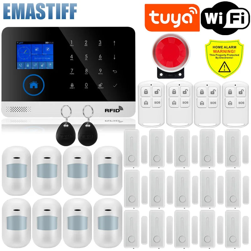 Alarmanlage 2025: Wireless Tuya APP SIM GSM Home RFID Burglar Security - LCD Touch Keyboard WIFI GSM Alarm System Sensor Kit Russian Spanish Voice Collection