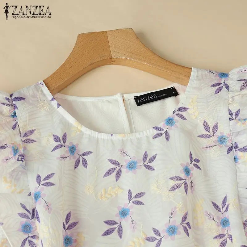 ZANZEA Fashion Spliced Ruffles Floral Blouses Women 2024 Summer Casual O Neck Embroidery Blusas Streetwear Sleeveless Tunic Tops