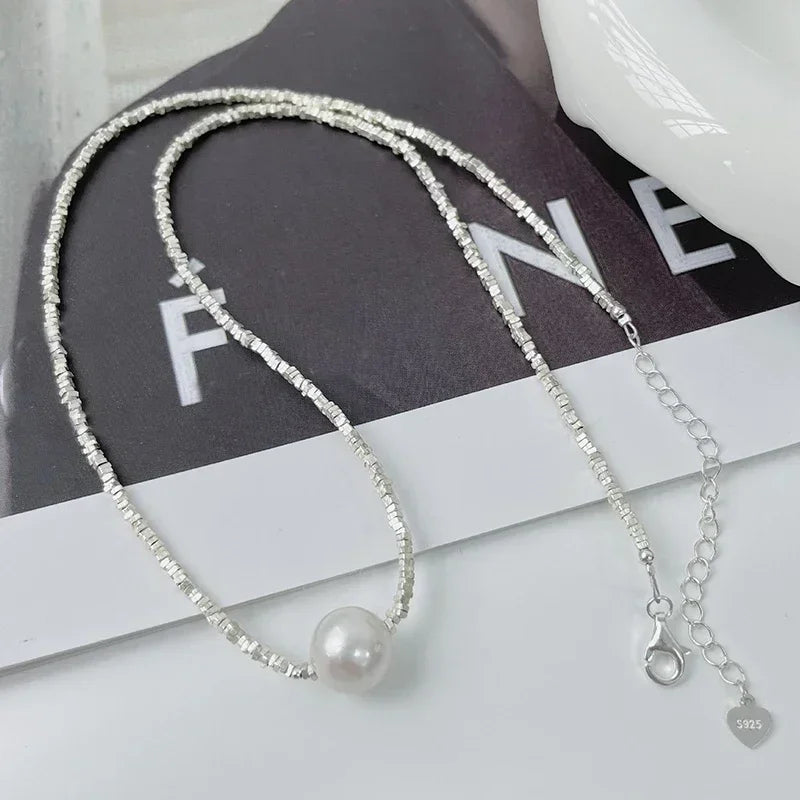 Sparkling 12mm Pearl Pendant Necklace For Women Girl 100% 925 Sterling Silver Choker Chain Wedding Birthday Party Gift Jewelry