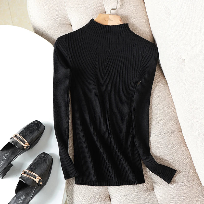 Pulover Livia cu guler înalt slim, cu nervuri - S-XL, mânecă lungă