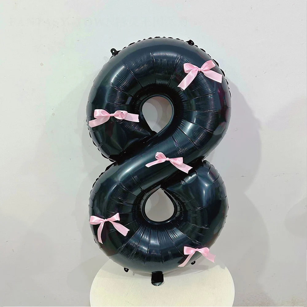 Black Number Balloons Aluminum Film Balloons With Pink Bow for Kids Boy Girl Birthday Party Decorations 0-9 Numbers