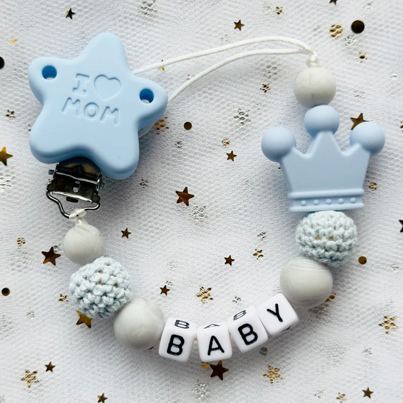 Nou personalizat nume personalizat suzetă clemă lucrată manual din lemn de fag lanț silicon coroană suport suzetă bebeluși jucărie de mestecat cadou de mestecat