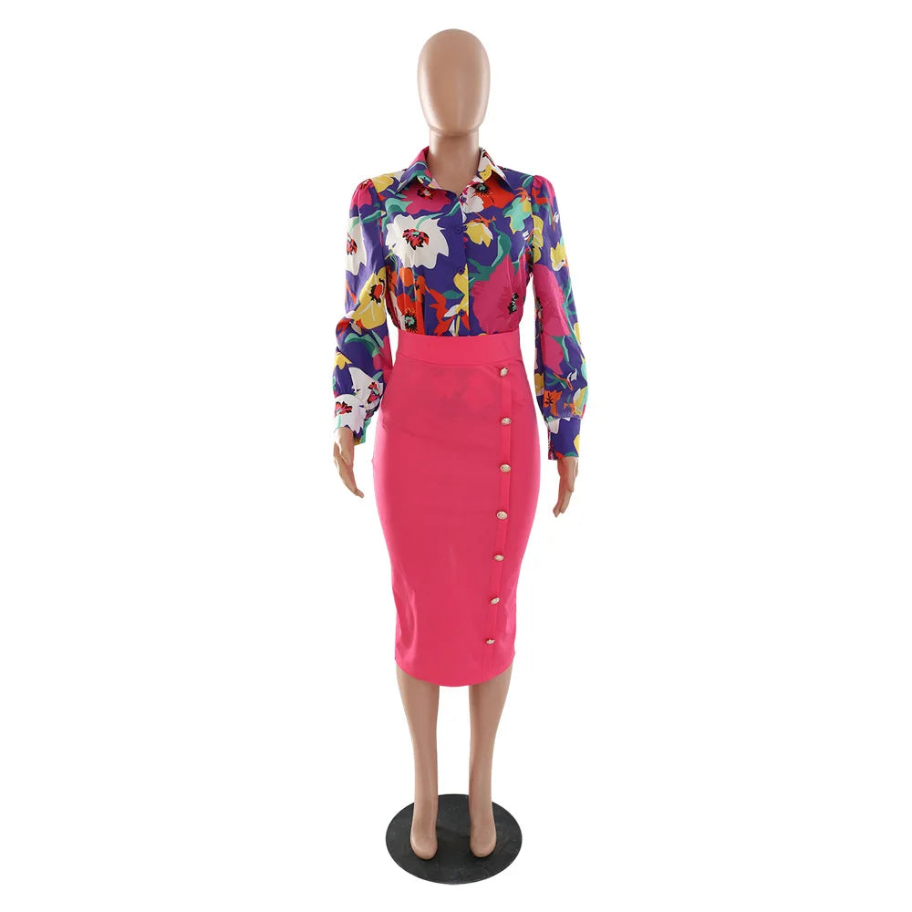 Elegant 2 Piece Set Women OL Outfits Fashion Business Long Sleeve Print Blouse Shirt High Waist Bodycon Skirt Sexy Office Work