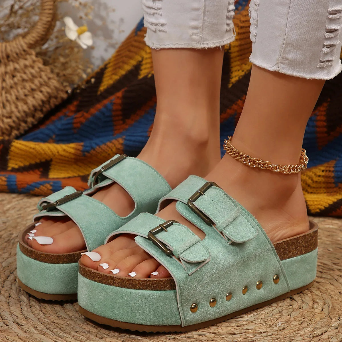 Women Wedge Summer Slippers Roman Style Open Toe Sandals Vacation Bohemian Shoes for Womens Thick Soled Platform Flat Slides
