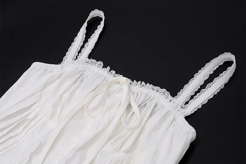 WhereMery Elegant Women Aesthetic  Pleated Mini Dress Y2K White Sleeveless Square-neck Lace-up Off Shoulder Spring Party Dresses