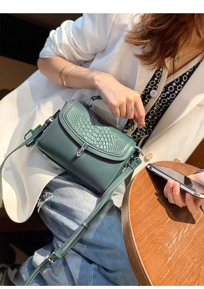 Genuine Leather Women Bag Fashionable Purse for Lady Temperament Crossbody Square Shoulder Bag Cow Leather Versatile Handbag