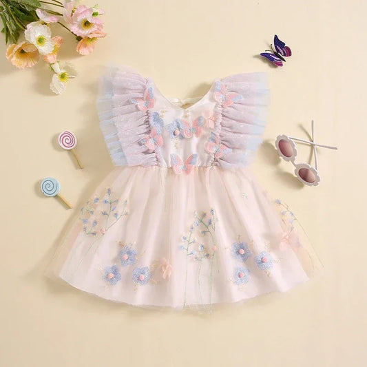 Toddler Kid Girls Dress Children Flower Butterfly Embroidery Fly Sleeve V-Neck Dress Summer Fashion Casual Princess Dress - Golden Bridge Store