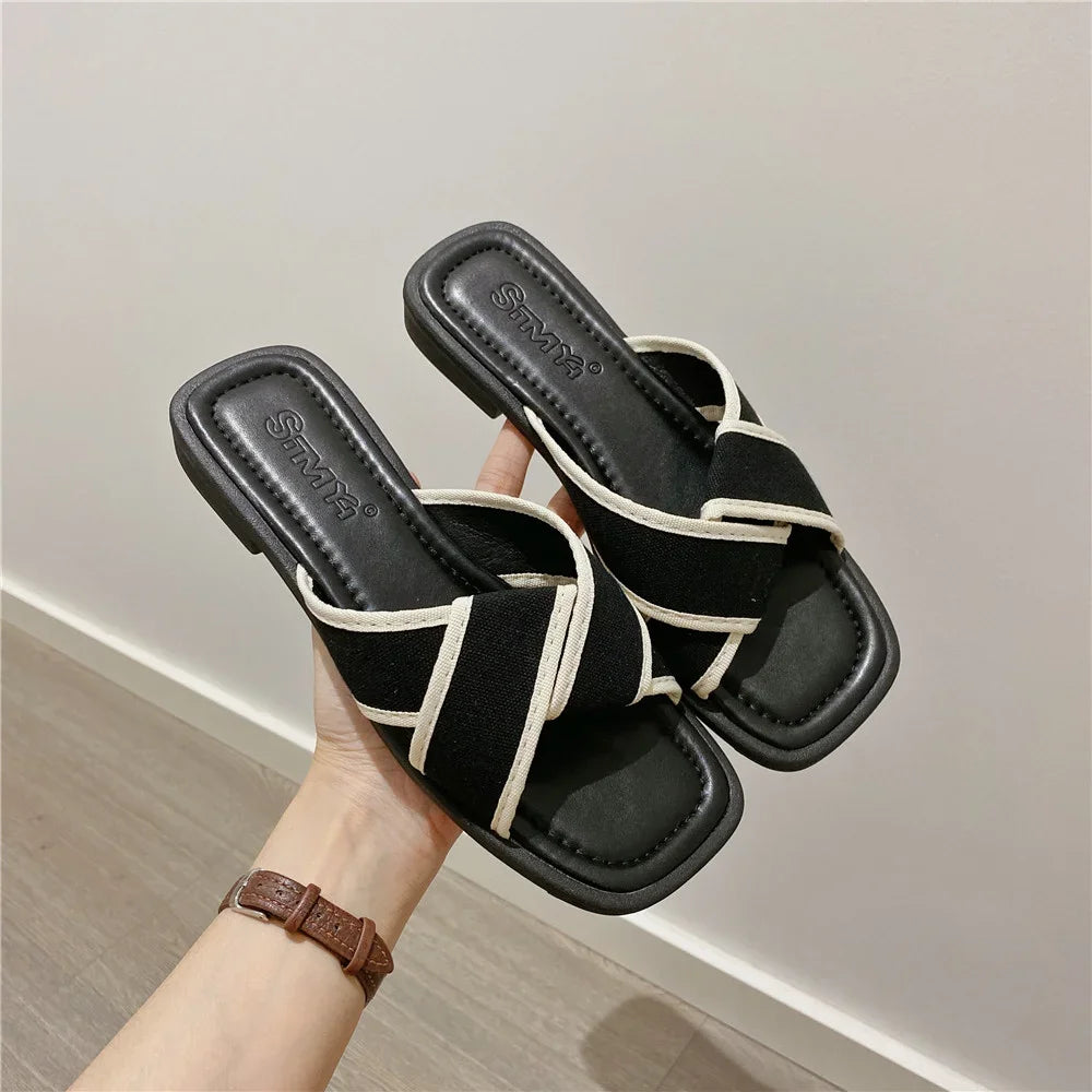 House Slides Home Low Heel Sandals Shoes for Women Black on Beach Open Toe Indoor Outside Word Flat Woman Slippers Vip W F Offer