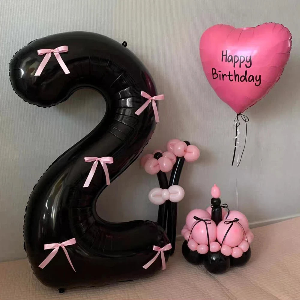 Black Number Balloons Aluminum Film Balloons With Pink Bow for Kids Boy Girl Birthday Party Decorations 0-9 Numbers