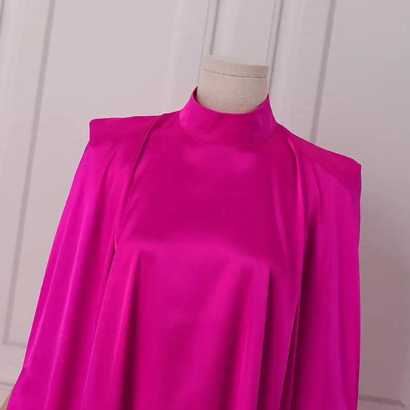 Elegant Evening Dress 2024 VONDA Women Pleated Stand Collar  Long Sleeve Satin Party Sundress Casual Solid Loose Robe Vestidos