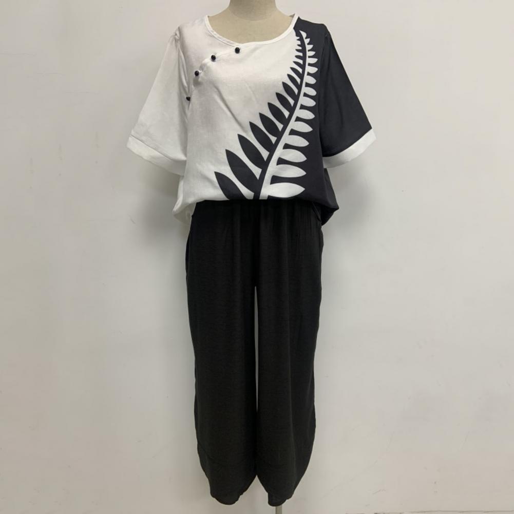 Elegant  Women Outfit Breathable Flower Pattern Blouse Trousers Half Sleeves Soft Blouse Pants Spring Clothes