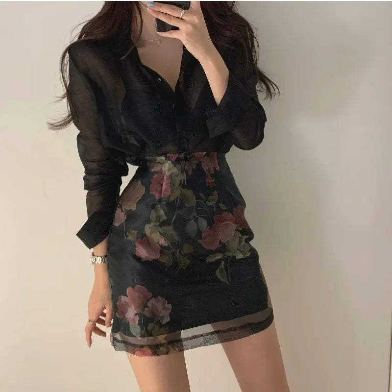 Seturi elegante pentru femei, 2 piese, negru, roz, transparent, cu mânecă lungă, cămașă + talie înaltă, linie A, imprimeu floral, fustă, 2 piese, costume OL
