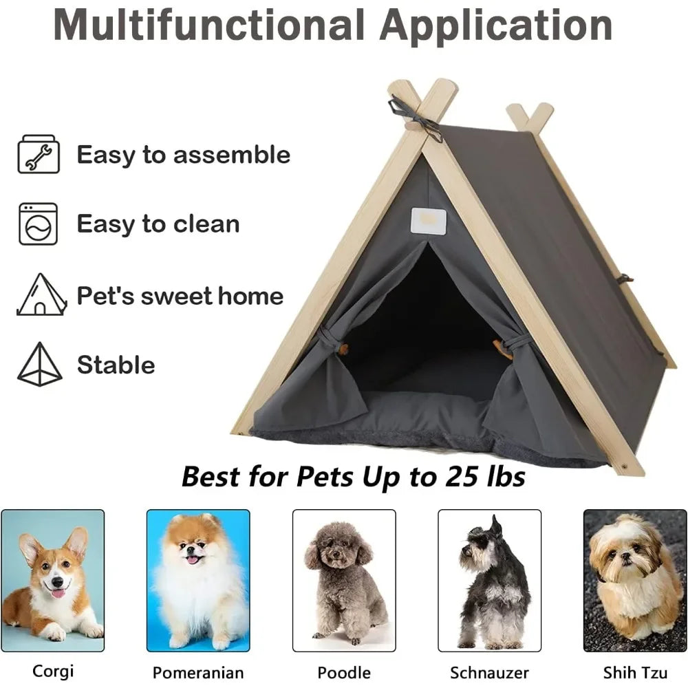 Pet Tent Nest Removable and Easy To Wash with Thick Soft and Comfortable Pad Warm Wooden Tent Bed Suitable for Cats and Dogs
