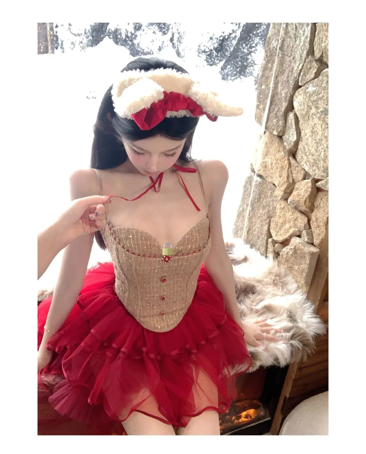 Ținută elegantă din două piese pentru femei, corset roșu, top scurt, fustă mini din tul, croială slim, elegantă, de vară, pentru petrecere, club, look elegant și chic 2025