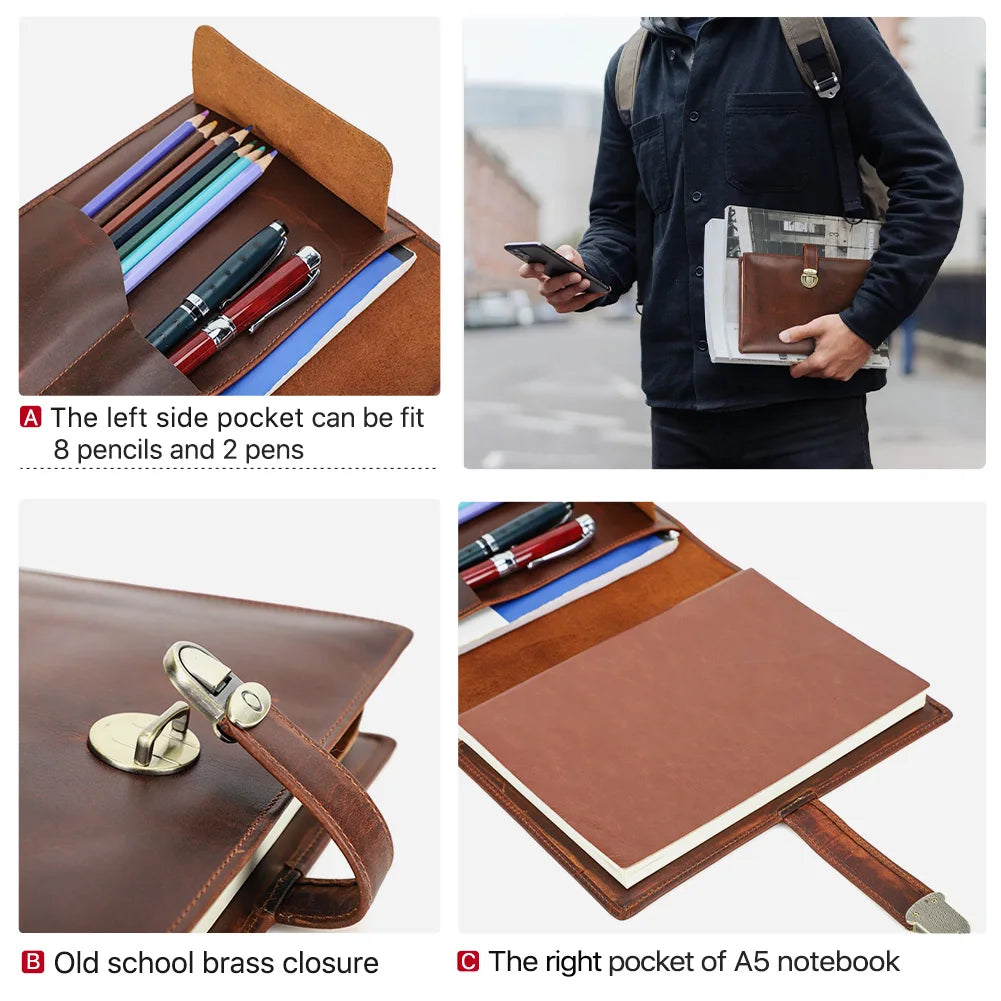 Luxury Retro Genuine Leather Notebook A5 Cover Case with Pen Holder Metal Buckle Journal Office Diary Travel Handmade Sketchbook