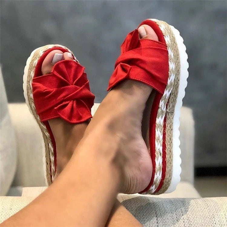 Women Slippers Summer 2023 Platform Wedges Mid Heels Bow Tie Peep Toe Fashion Slides Beach Outdoor Ladies Shoes Zapatos De Mujer