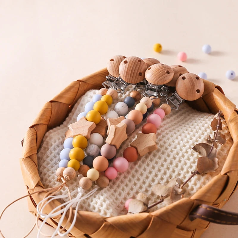 Lanț pentru suzeta bebelușilor, cu stele, personalizabile, cu mărgele, cleme din lemn pentru suzetă, fără BPA, lucrate manual, lanț pentru sugari, lanț pentru alăptarea sugarilor