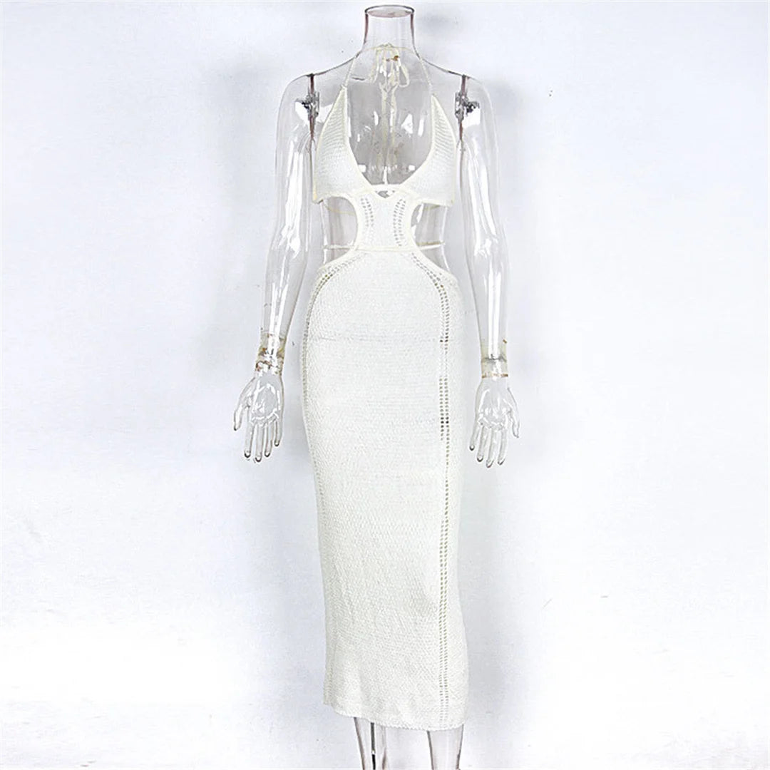 Elegant V-Hals Halter Cut Out Crochet Knitted Long Dress Backless Beach Cover Up Beach Dress Maxi Dress Beachwear Female DV4822