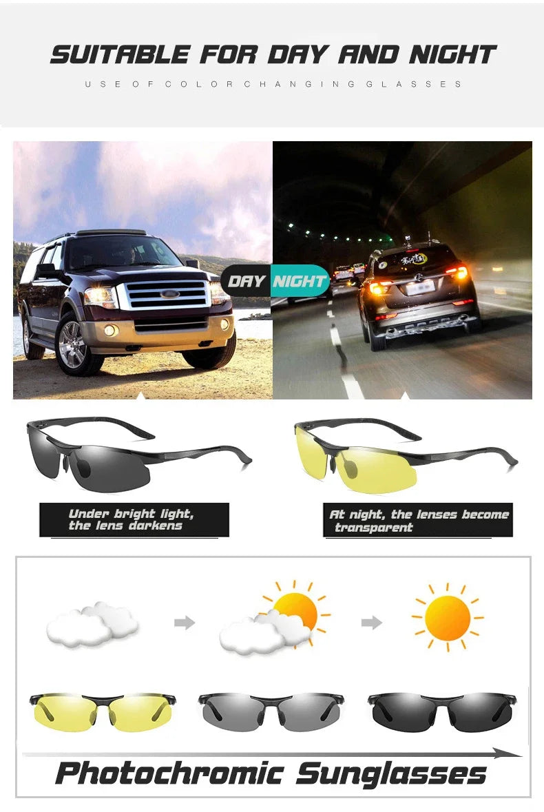 CLLOIO Ochelari de soare fotocromatici fără ramă din aluminiu CLLOIO, viziune de zi și noapte, anti-orbire, pentru bărbați, ochelari de soare polarizați pentru condus, ochelari de pescuit pentru călătorii