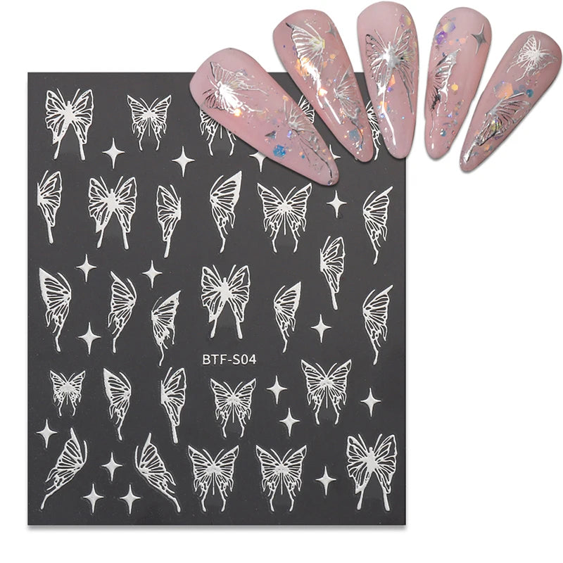 Mix 3 Sheets 3D Stickers for Nails Gold Sliver Rose Gold Laser Butterfly Moon Sun Adhesive Sliders DIY Nail Art Accessories