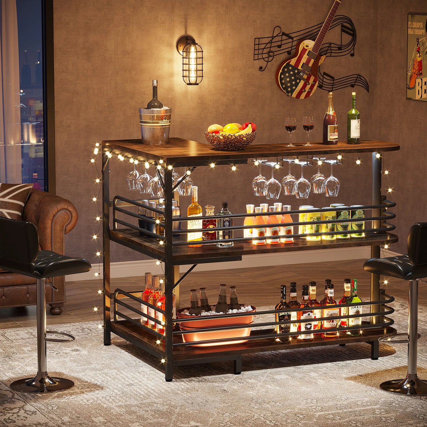 Hausbar 2025: Tribesigns L-Shaped Home Bar Unit - 3 Tier Liquor Bar Table Storage Shelves Wine Glasses Holder Collection