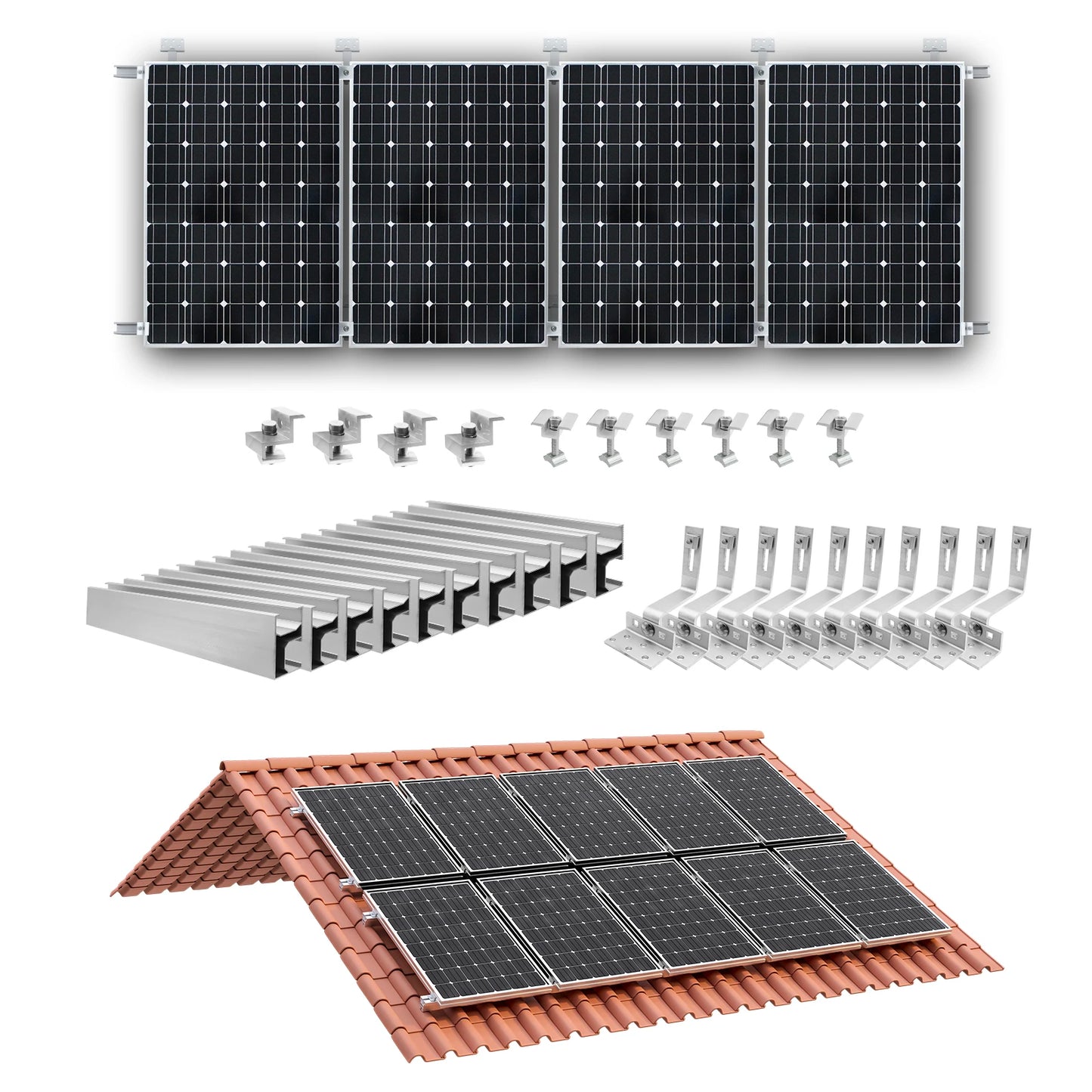Solar-Montagesystem 2025 - CP-SETUNO Panel-Mounting-Set 300mm Aluminium Rail - Photovoltaik Befestigungssystem