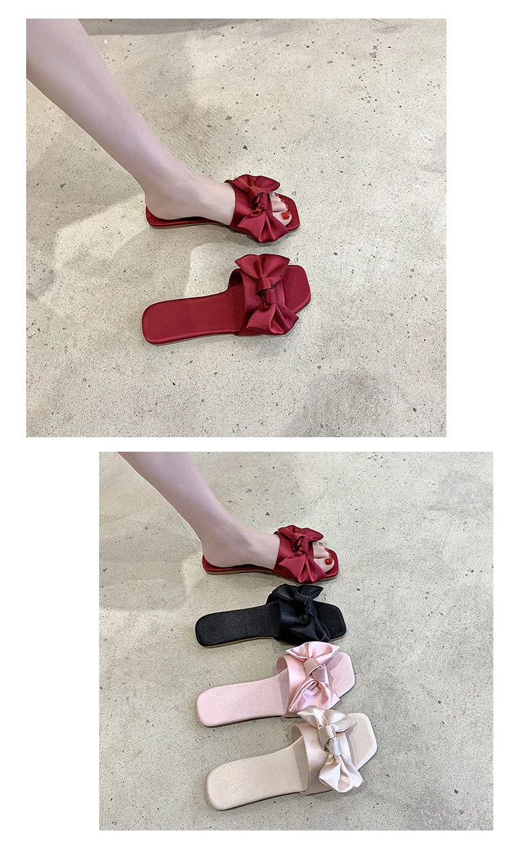 Women Beach Slippers 2024 Summer Flat Shoes Woman Slip On Slides Silk Style Female Slip On Sandals Girls Indoor Outdoor Slippers
