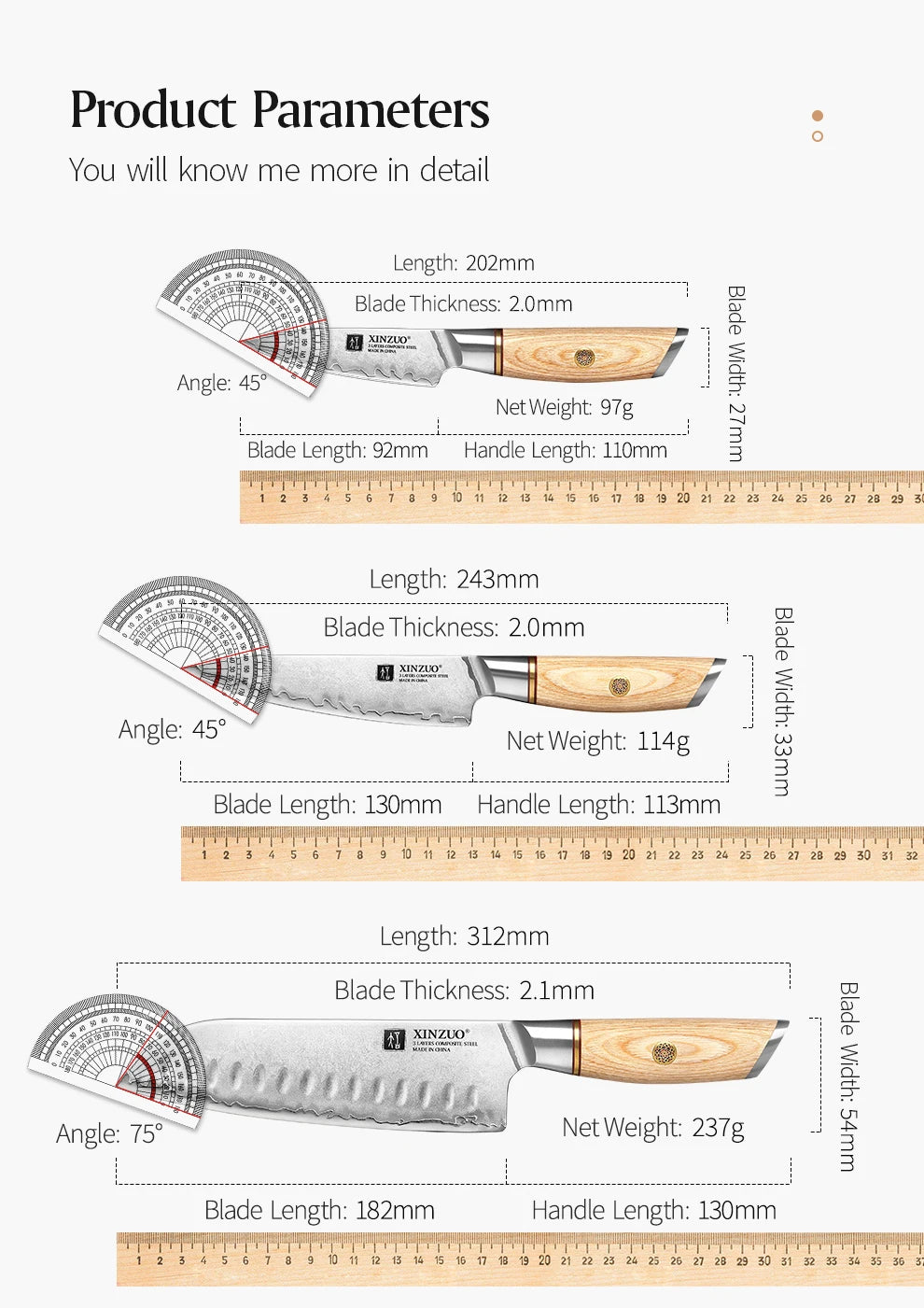 XINZUO 1-5pcs Knife Set Pakkawood Handle Nails 3-layer Clad Steel 60±2 HRC 15°±1 Per Side Kitchen Accessory Tools Best Gift