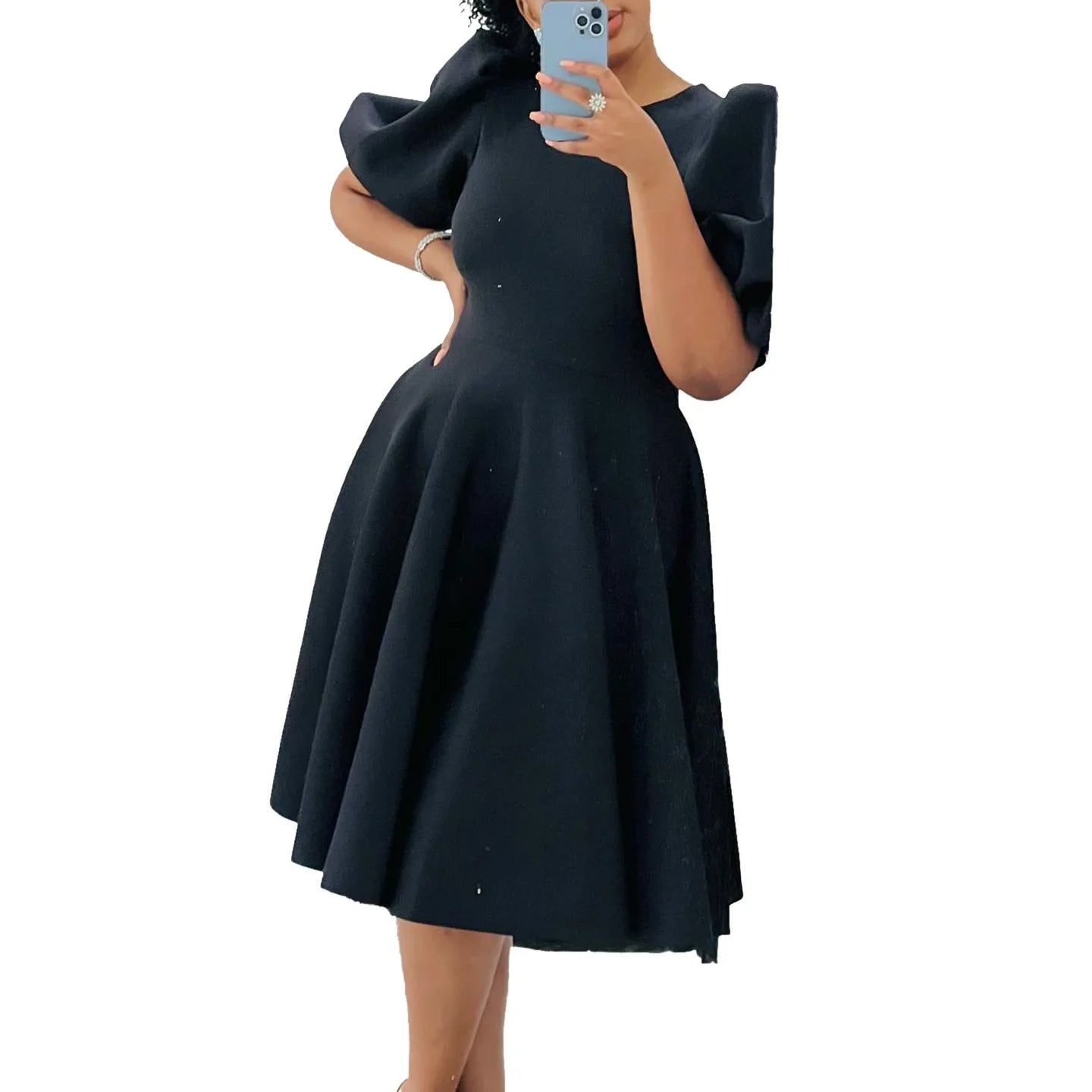 Elegante Kleider Für Frauen 2024 O-Ausschnitt Kurze Ärmel Hohe Taille Plissiert Midi Luxus Weiblich Geburtstag Party Dinner Vestidos