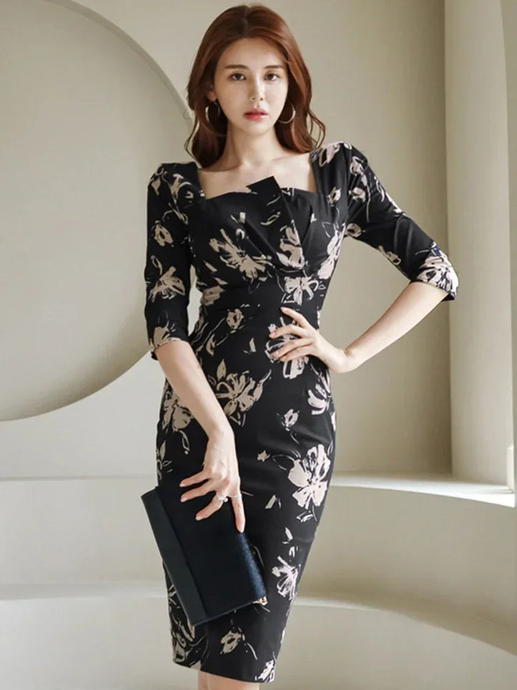 Elegant Office Lady Dress Spring Fashion Floral Square Collar With Seven-Point Sleeve High Waist Sheath Party Dress Women - Golden Bridge Store