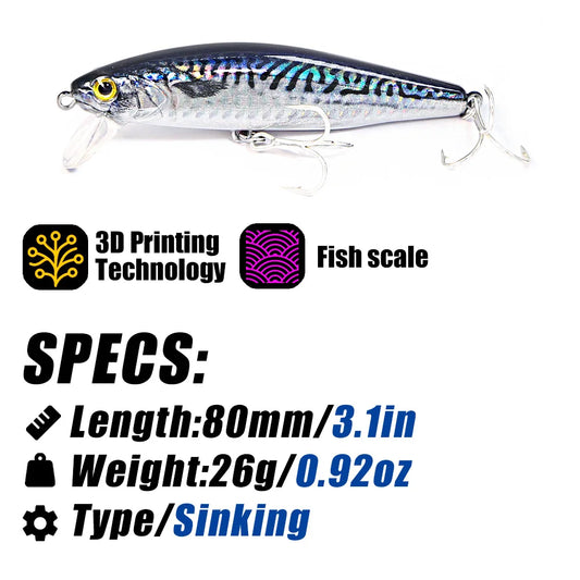 B&U 80mm Sinkender Minnow Hard Lure Jerkbait Salzwasser Langer Wurfabstand Fischköder Meer Künstliche Beute Wobblers Meer Bass