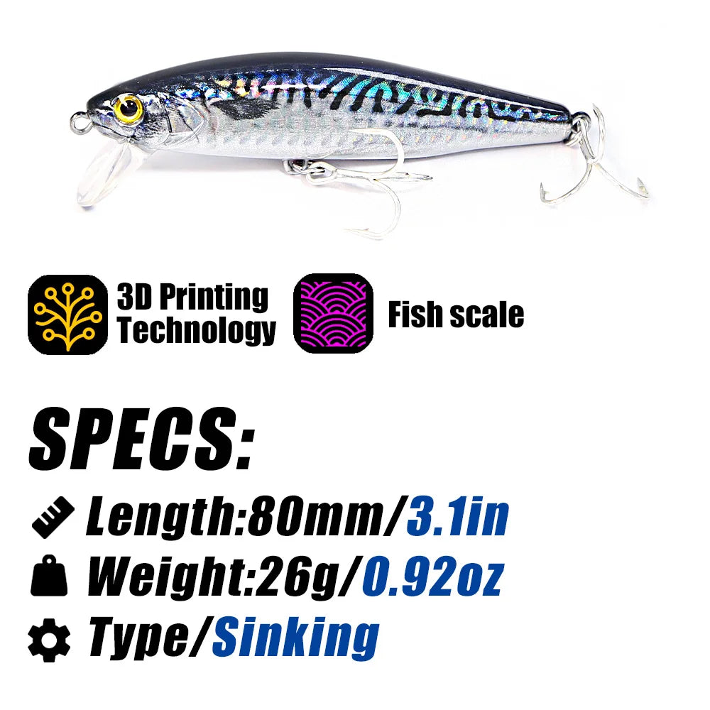 B&U 80mm Sinkender Minnow Hard Lure Jerkbait Salzwasser Langer Wurfabstand Fischköder Meer Künstliche Beute Wobblers Meer Bass