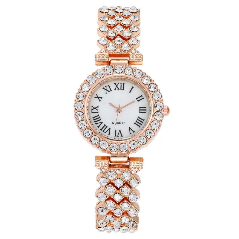 Luxus Damen Glänzende Armbanduhren 2-teiliges Set - Roségold Uhr Mode Damen Elegante Quarz Diamant Armbanduhr