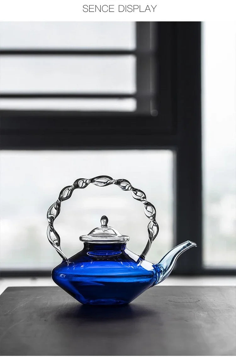 Blue Glass Teapot Teacup Tea Filter Mesh Glass Coffee Pot Heat-resistant Glass Pot Household Kitchen Kettle Exquisite Gift 2022