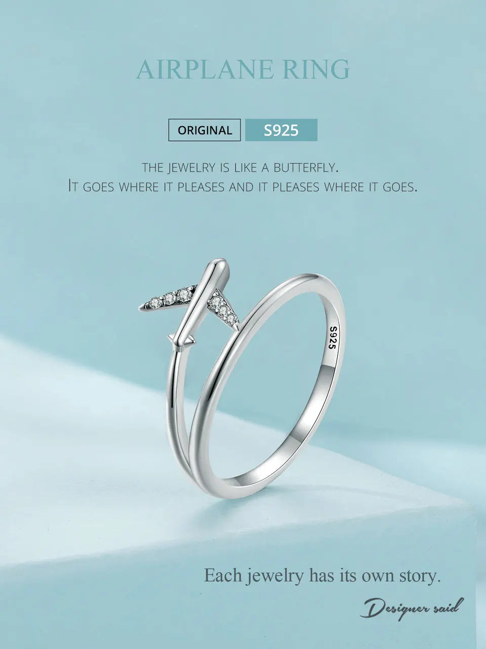 WOSTU 925 Sterling Silver Platinum Airplane Double Layer Rings Women Shining Zircon Airplane Ring Party Bijuterii Girl Holiday Gift