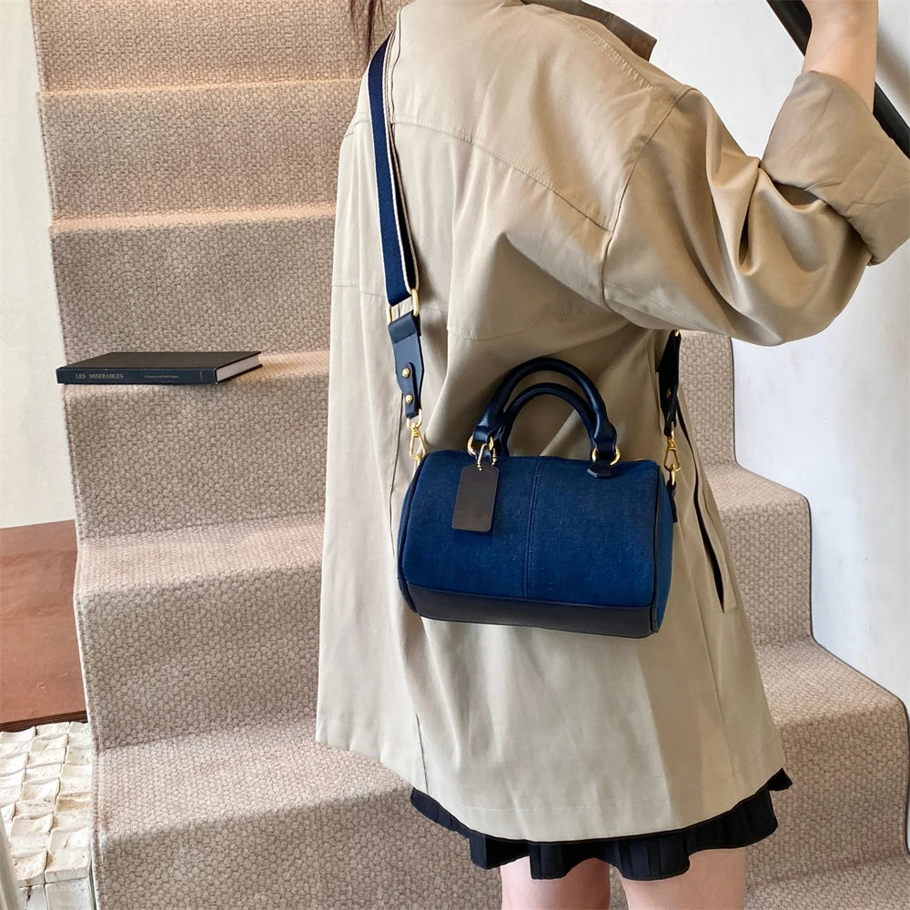 Patchwork Colorblock Mini Handbags For Women Denim Shoulder Cross Body Bags Casual Street Small Boston Bag 2024 Designer Purses