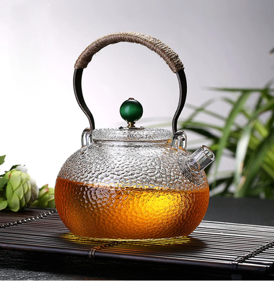 Ceainic de sticlă rezistent la temperaturi ridicate, set de ceai, ceainic de flori cu textură ciocănită manual, cu mâner pentru a face ceainic Gaiwan Pu Erh