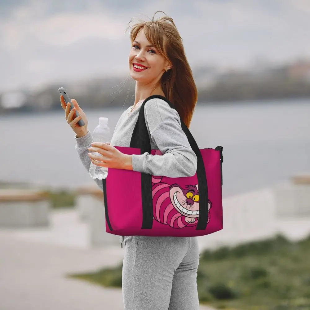 Geantă de plajă personalizată cu pisica Cheshire pentru femei, cu compartiment mare pentru sală și plajă, We're All Mad Here Cat