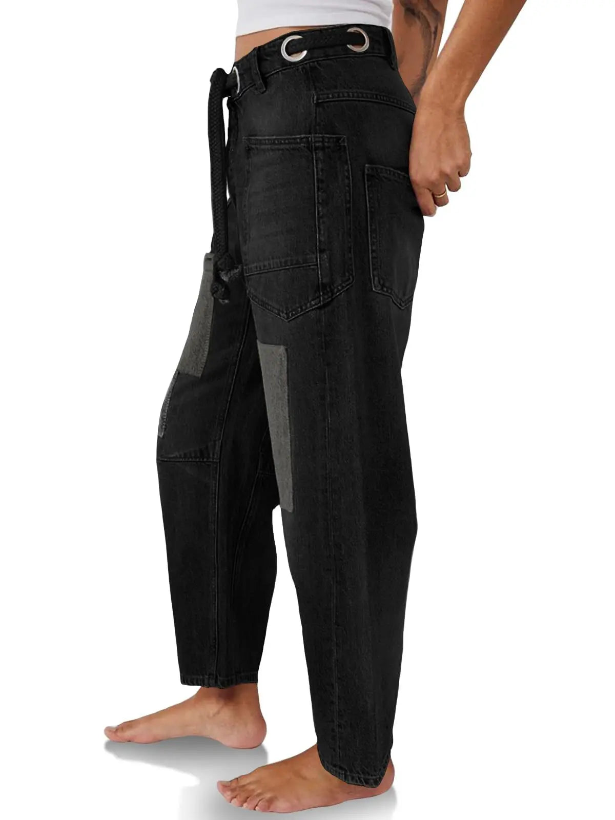 Jeans Women Denim Pants Straight Trousers Drawstring Long Pant Casual Loose Y2k Streetwear Button Pocket Splice Mom Jeans 2025