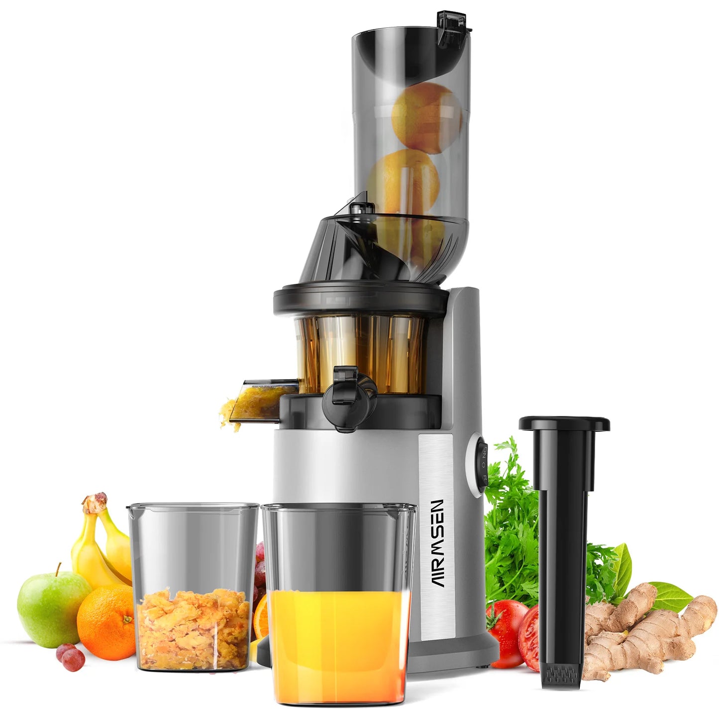 AIRMSEN Slow Cold Press Juicer, large diameter, filterless design, easy to clean, suitable for vegetables and fruits.